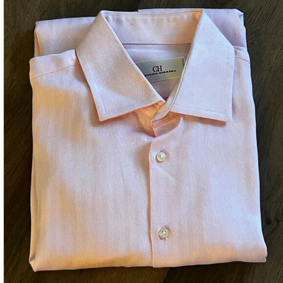 CAROLINA HERRERA Pink Herringbone Men's Long Sleeve Dress Shirt Size 15 - Picture 1 of 9